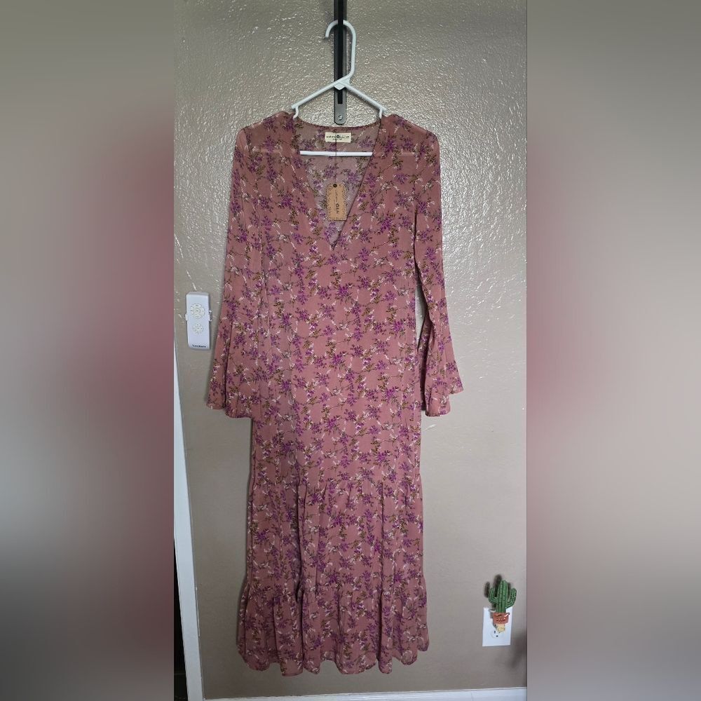 Natural Life Floral Pink Bell Sleeve Maxi Dress